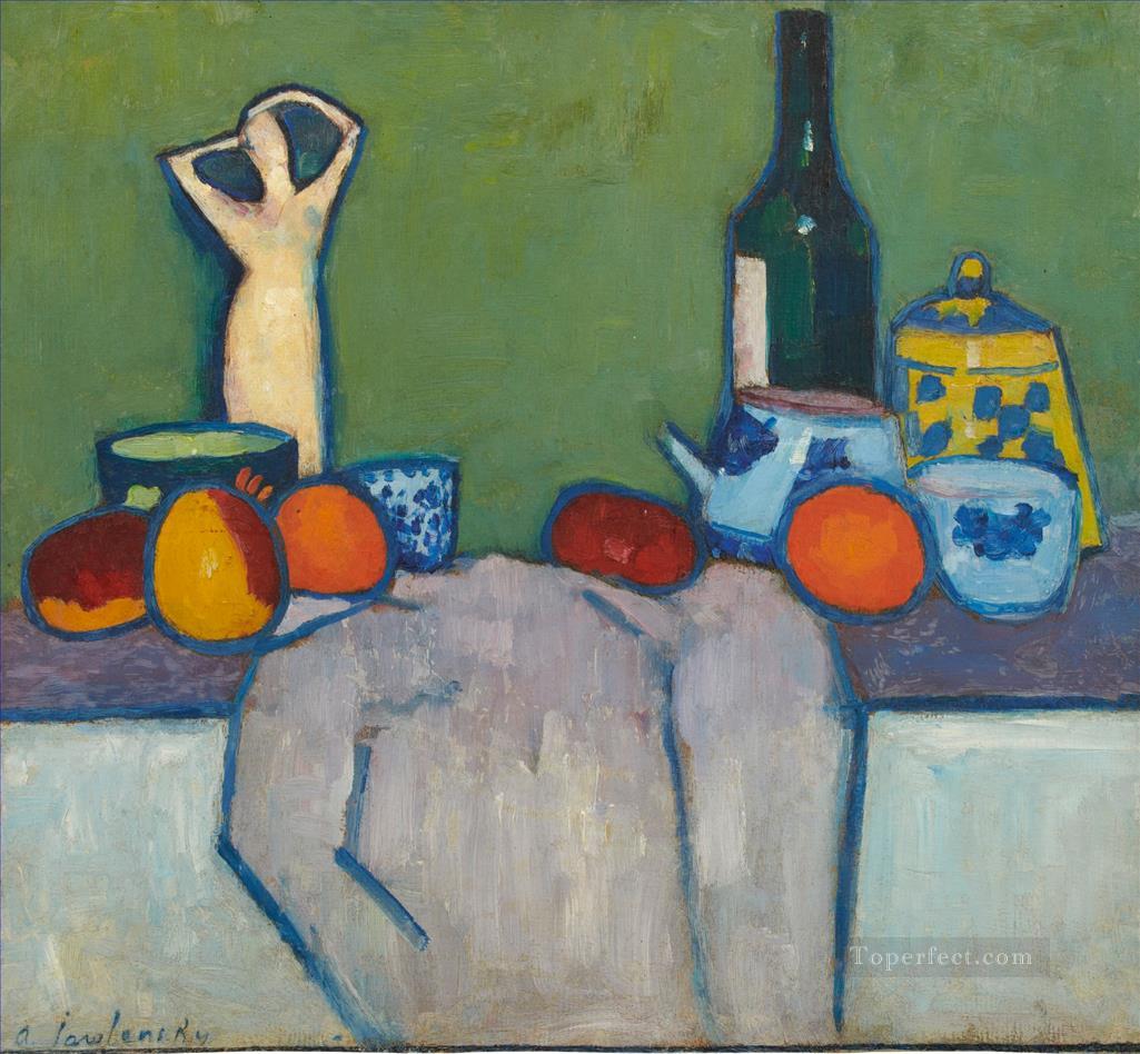 STILL LIFE WITH FRUIT FIGURE AND BOTTLE Alexej von Jawlensky Oil Paintings
